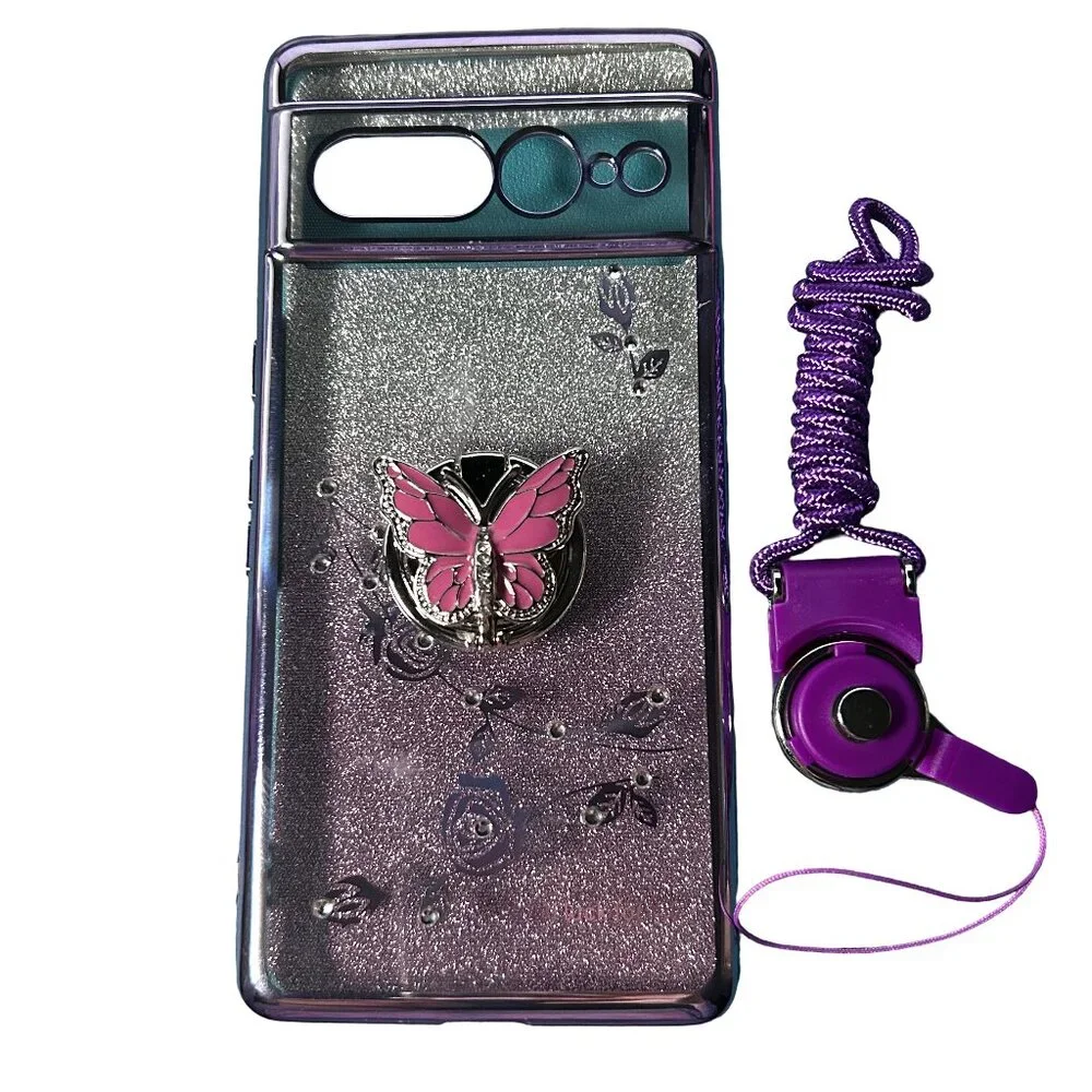 Google Pixel 7 Pro Glitter Butterfly Case w/ Ring Stand & Lanyard Purple